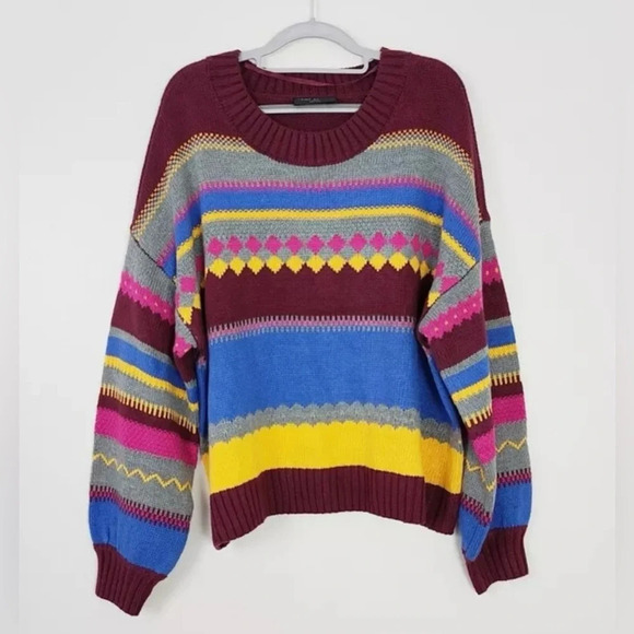 Lane Bryant Sweaters - Lane Bryant Plus Crew Neck Fair Isle Sweater Stripe Yellow Red Blue 14/16 1X